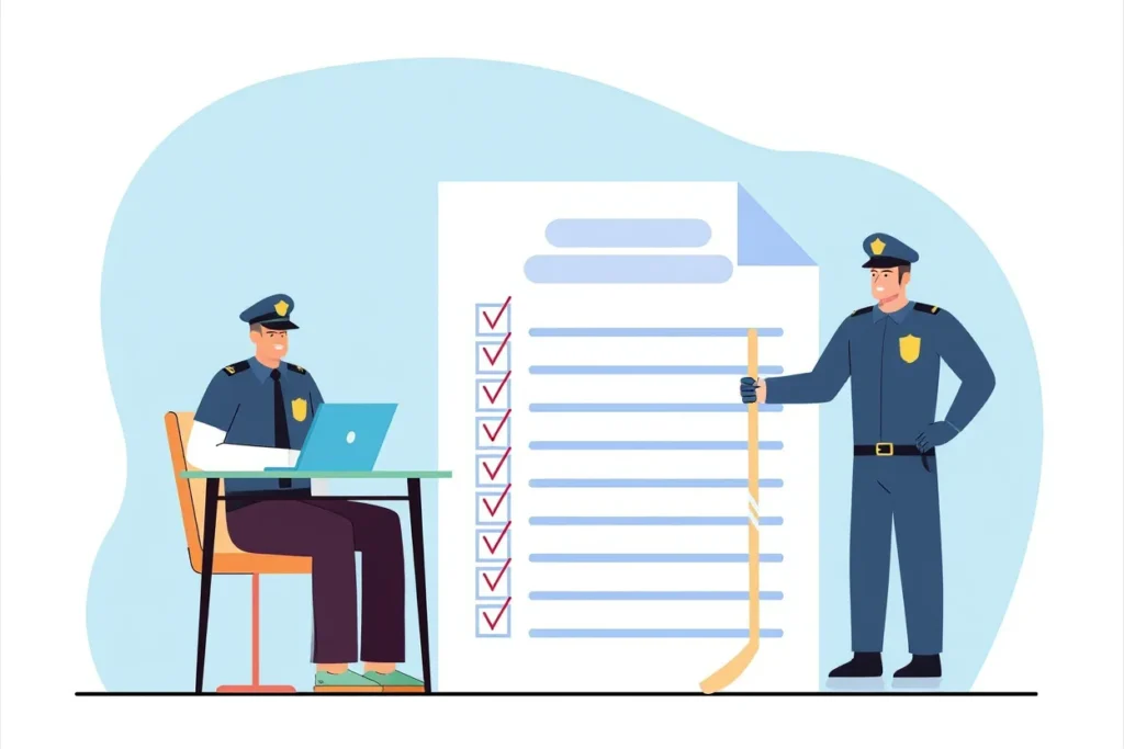 Police officers using a digital checklist to ensure CJIS compliance during portal migration