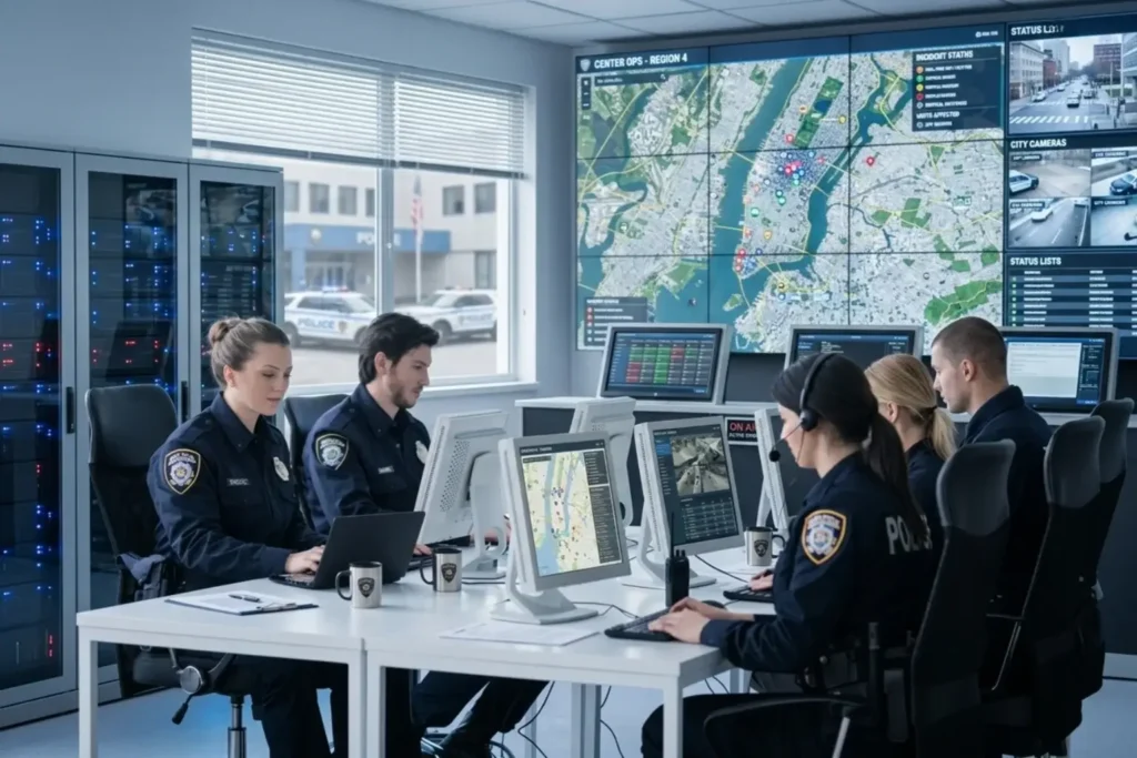 Agency staff managing public safety data in an office