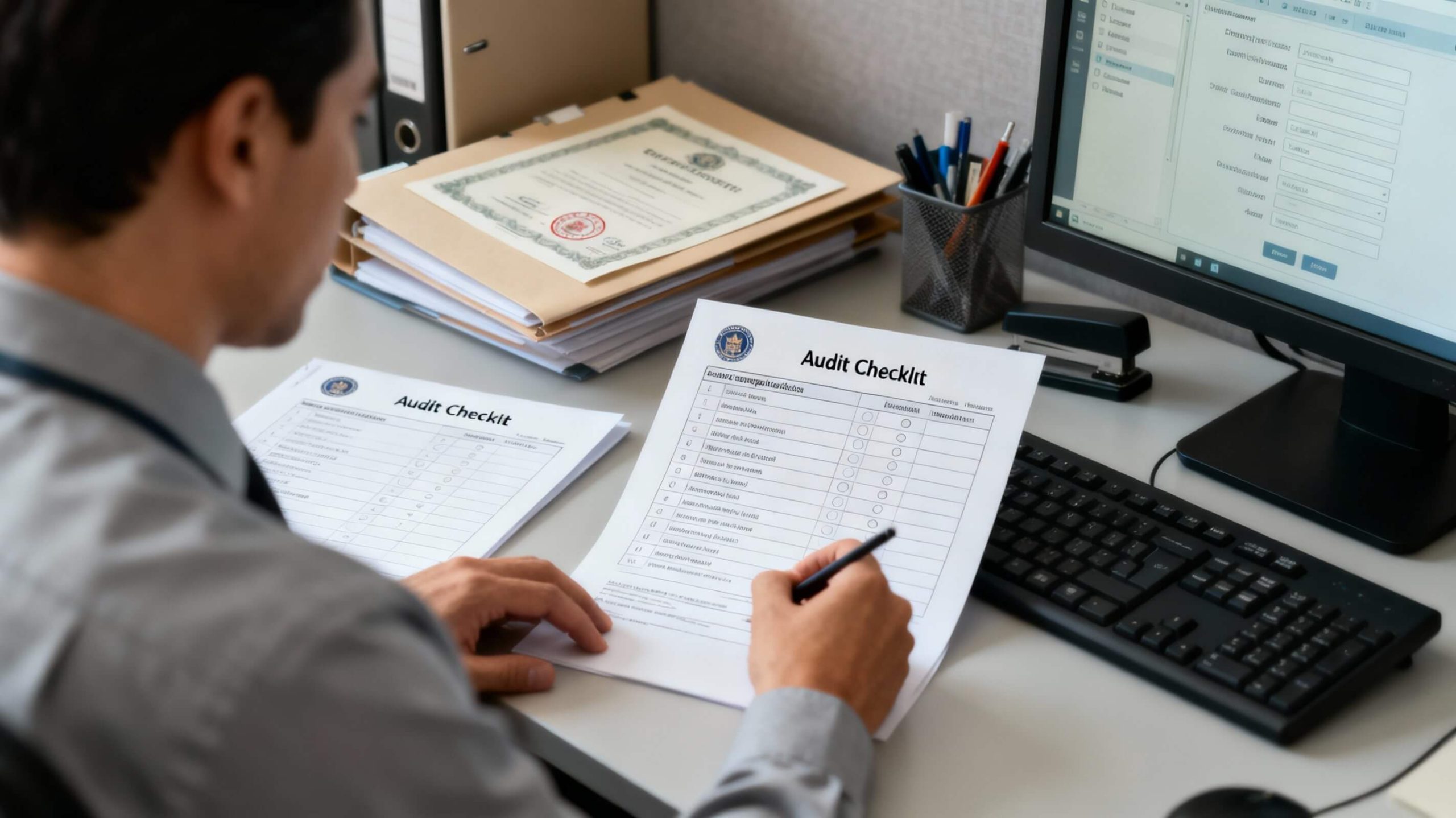 an evaluator reviewing checklist forms