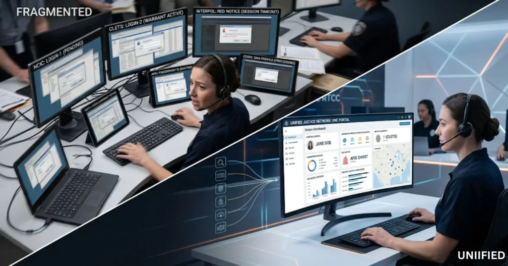 Law enforcement officer comparing multiple disconnected systems with a single unified criminal justice portal dashboard