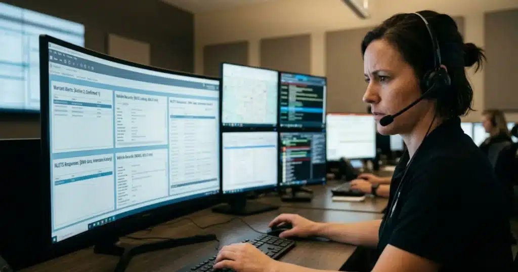 Emergency dispatcher using a single interface to access multiple law enforcement databases and real-time alerts