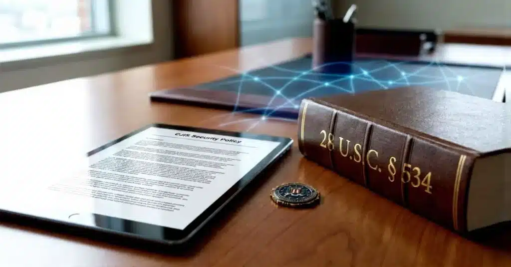 Police officer using CJIS-compliant software on secure workstation