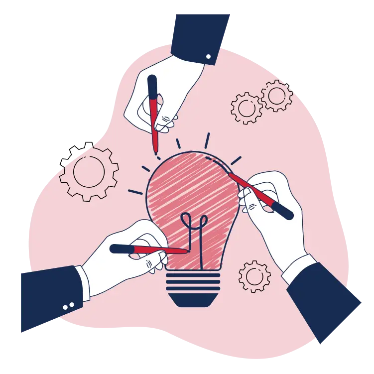 Collaborative illustration with multiple hands drawing a lightbulb, symbolizing teamwork and innovative problem-solving.