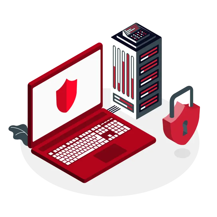 Cybersecurity illustration featuring a laptop with a shield icon, a server tower, and a padlock representing secure system protection.