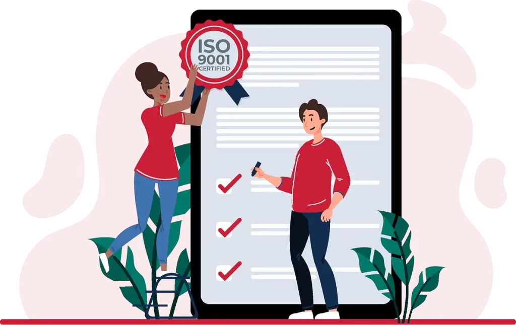 Team illustrating ISO 9001 certification with a large digital checklist, symbolizing PsPortals commitment to quality management, compliance, and standardized operational excellence
