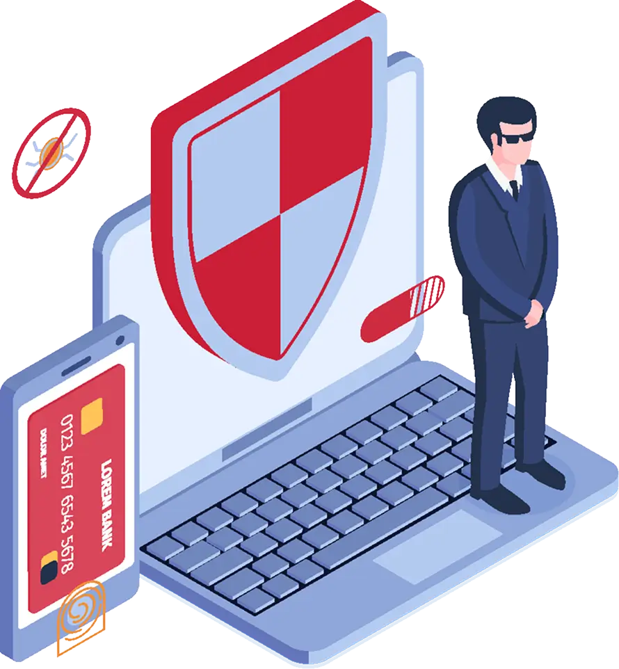 Illustration of cybersecurity protection featuring a secure laptop with a shield icon, mobile device authentication, and a security guard symbolizing PsPortals advanced data security and fraud prevention