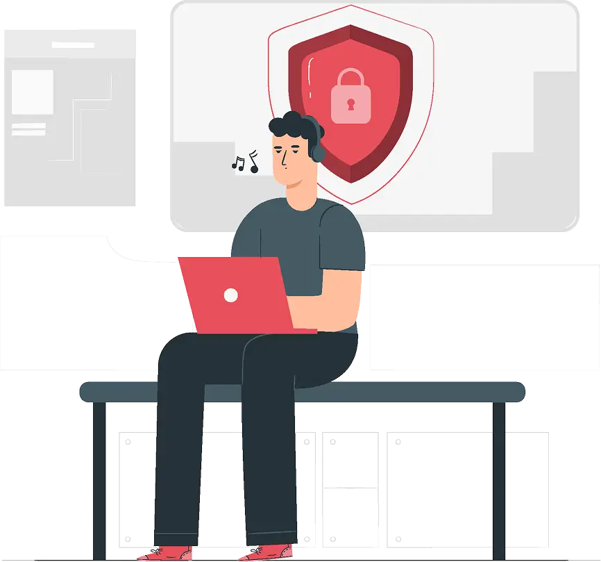 Person using a laptop with a security shield icon in the background, representing PsPortals secure remote access and encrypted data protection