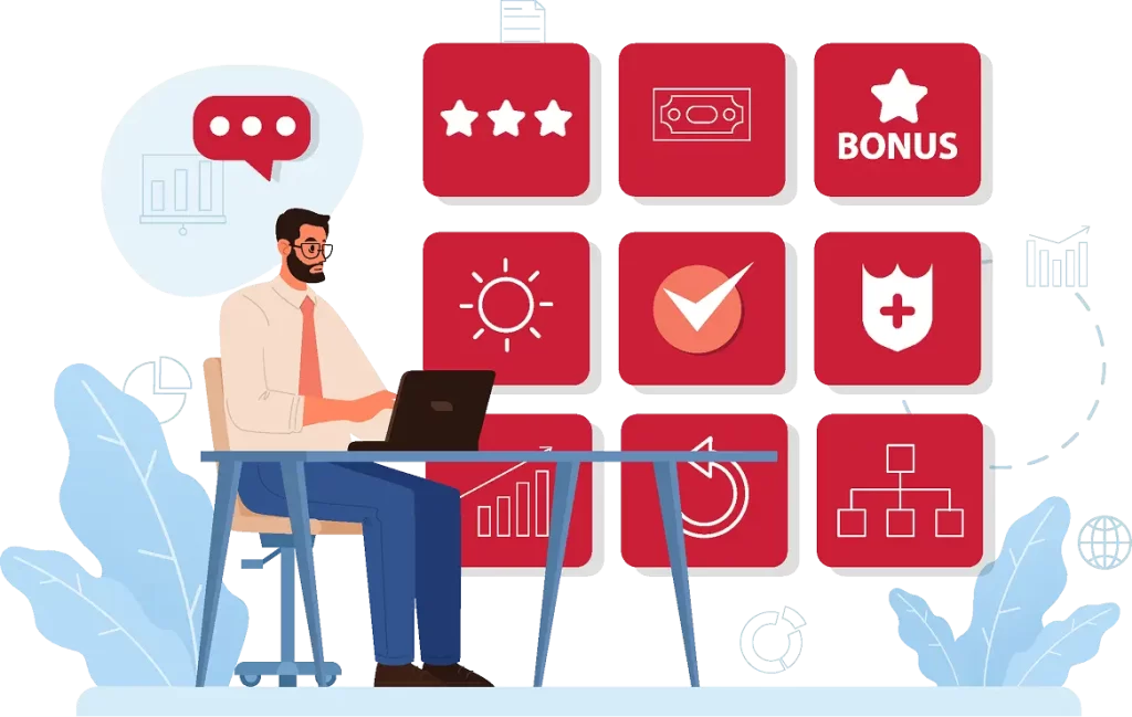 Business professional using a laptop with various productivity, security, and performance icons displayed, representing PsPortals workflow optimization and employee management tools