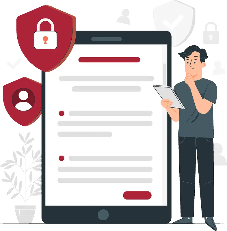 User reviewing secure digital forms on a large tablet interface, featuring privacy shields and lock icons that represent PsPortals secure data management and protected user information workflows