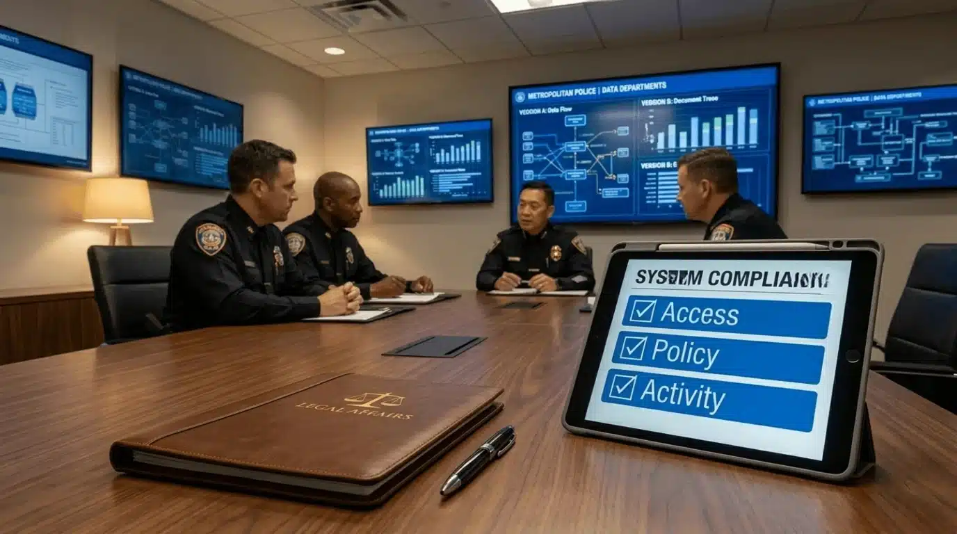 Police officers reviewing a digital compliance checklist