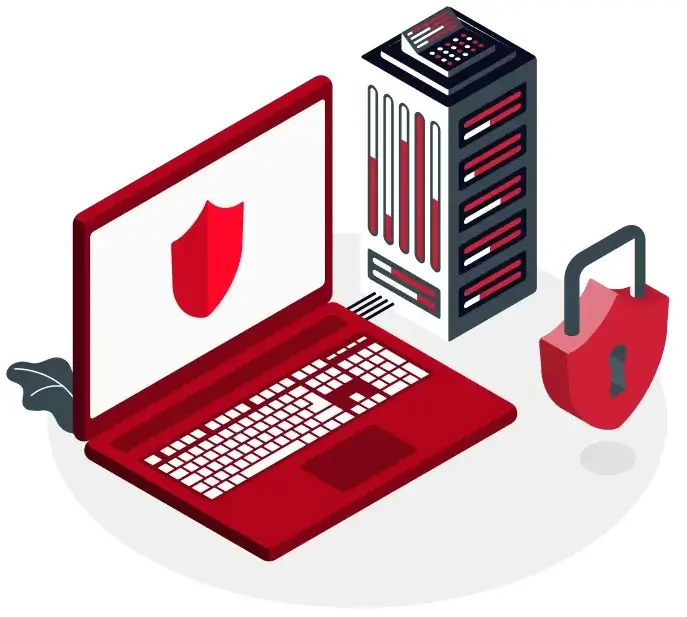 Secure server setup with laptop, data server, and security lock representing protected data infrastructure