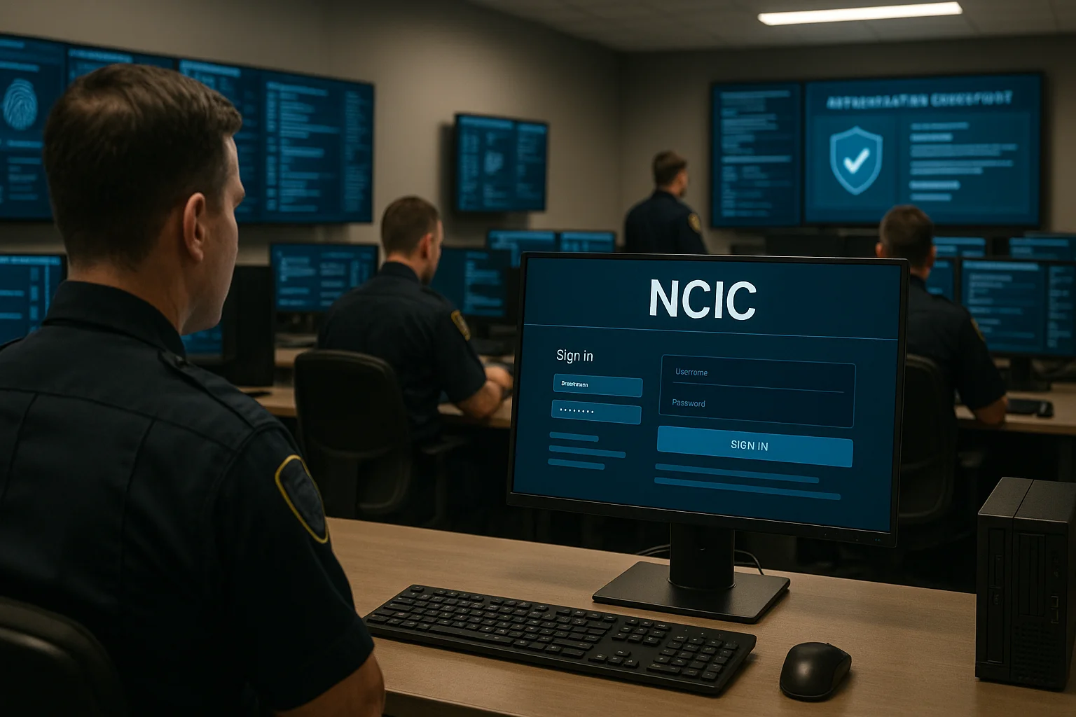 Uniformed officers work in a modern law-enforcement operations center, reviewing multiple screens displaying NCIC login and security interfaces