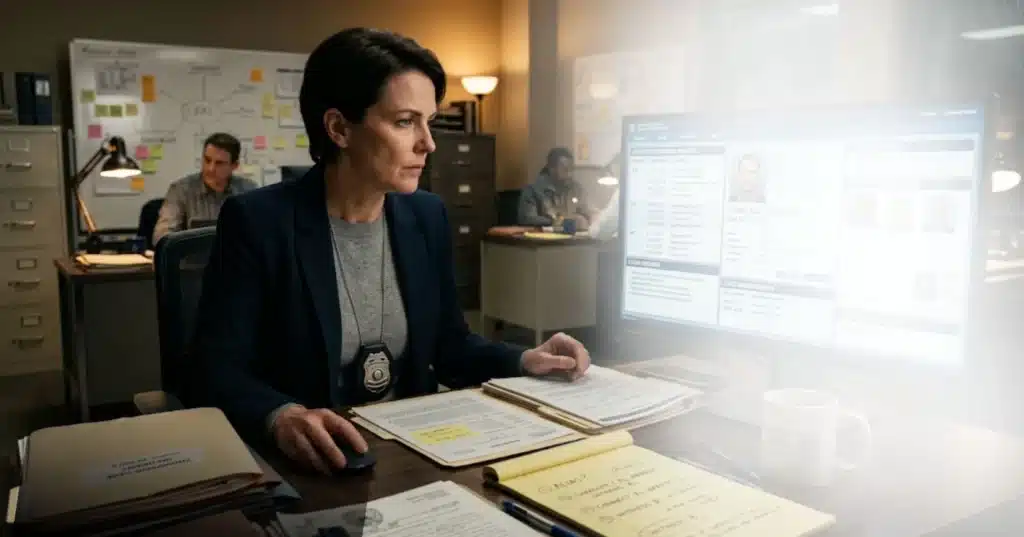 Detective reviewing consolidated criminal records from multiple jurisdictions on a unified database system in an office