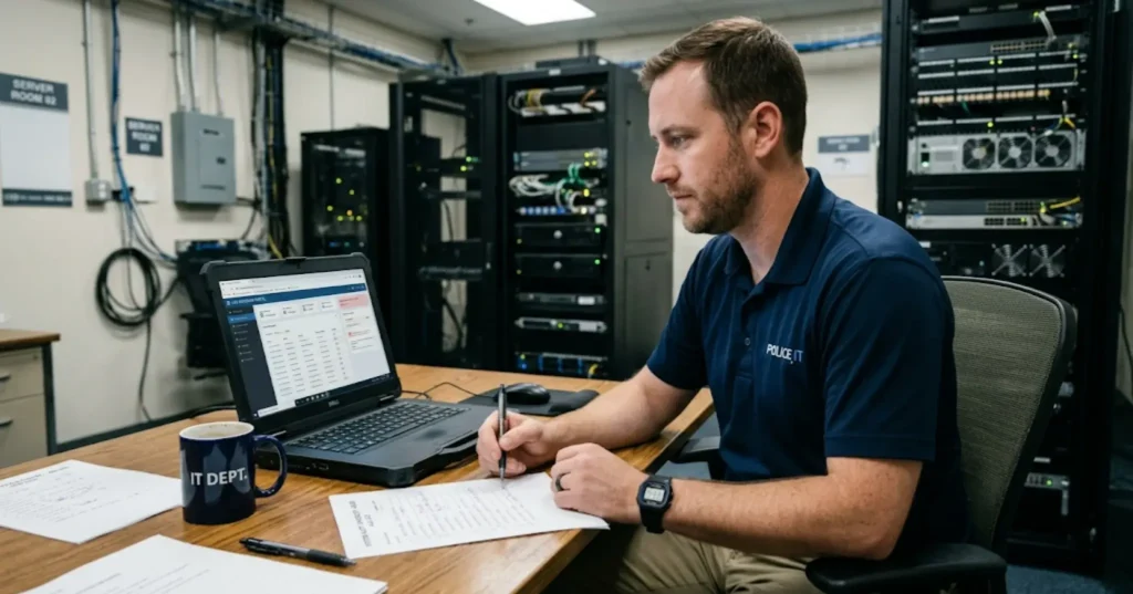 IT team comparing browser-based portal migration tasks versus installed software deployment across law enforcement workstations