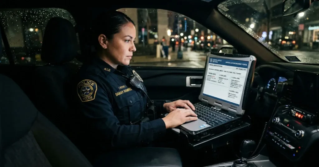 Police officer in patrol car using a laptop with a unified criminal justice database portal during a nighttime traffic stop (1)