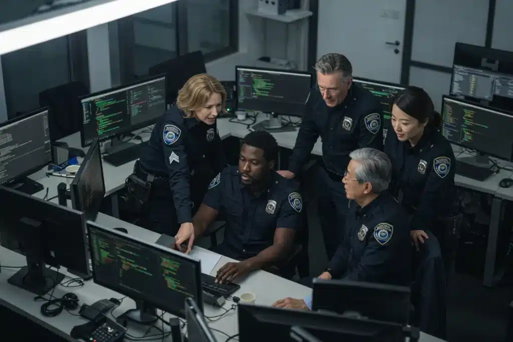 Law enforcement IT team working in a command center