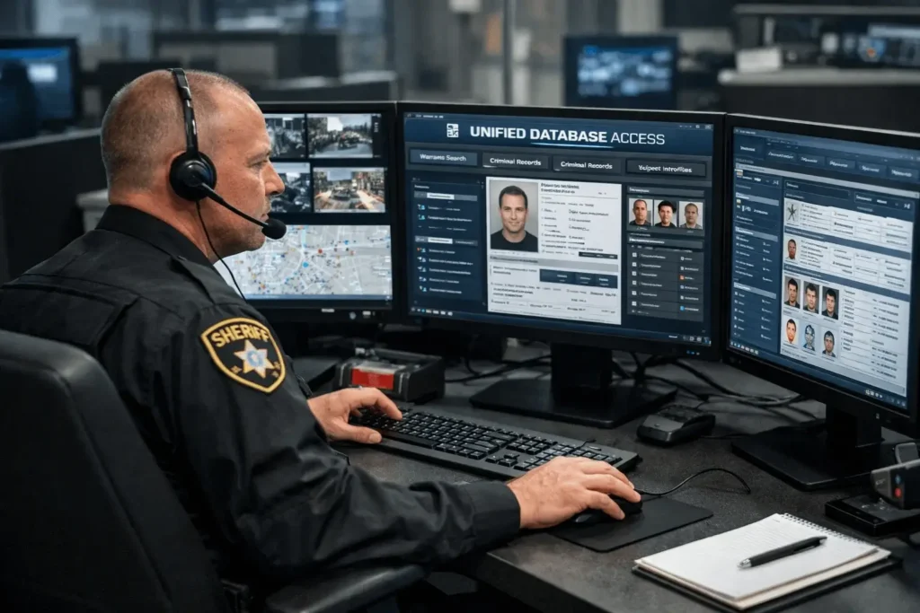 Sheriff using law enforcement database access portal on multi-monitor workstation